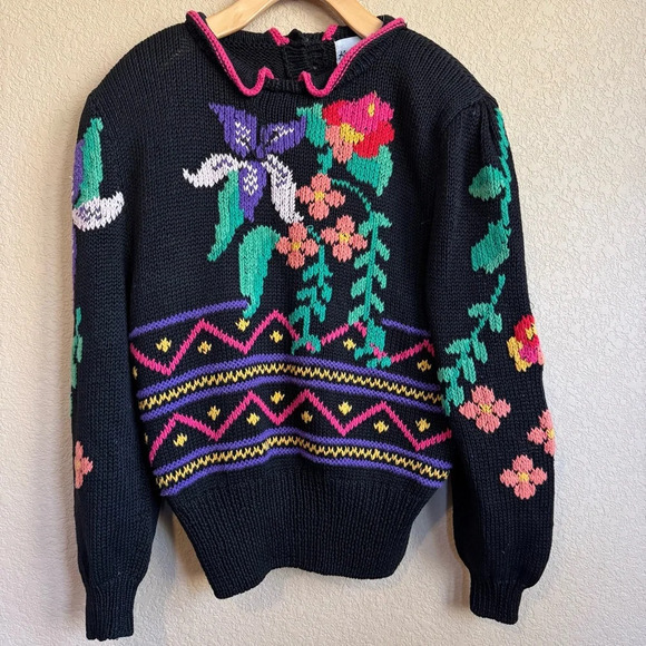 Cottagecore Grandma Vintage 1980s Black Sweater Floral Detail Size Large 12/14 - Picture 3 of 11